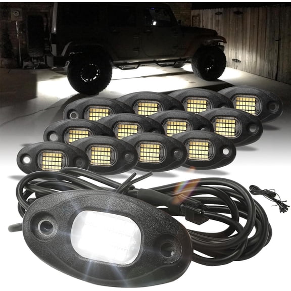12 Pods White Rock Lights - Aluminium Housing, Quick Connect, 24 High Power , 4M Extension Wires, 6000K Pure White, Mounting Pads Included, IP67, Fits , SUV, ATV, UTV, Trailer
