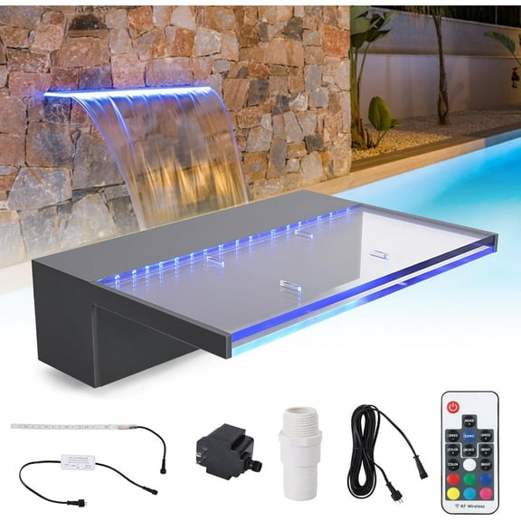 12" Pool Fountain Acrylic Pool Waterfall Spillway 11.8" x 4.5" x 3.1"(W x D x H) Outdoor Fountain with Pipe Connector, 9 Colors Led Strip Light for Garden Patio Swimming Pool Decoration