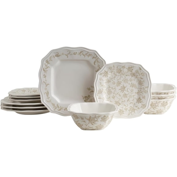12- Porcelain Dinnerware Set for 4, Glossy Cream Plates and Bowls Set with Taupe , Elegant Square Ceramic Dish Set, Kitchen Tableware, Microwave & Dishwasher Safe, Batik Toile