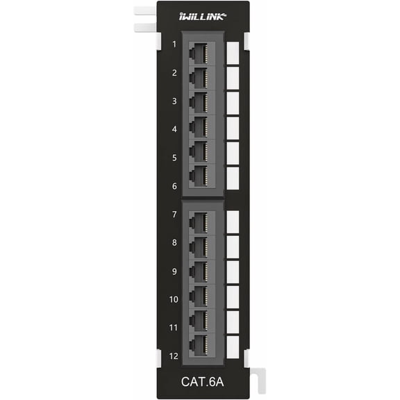 12 Port 10Gbps Cat6A Network Patch Panel with Wall & Bracket Mount for Cat 6A/6/5e/5 Cabling