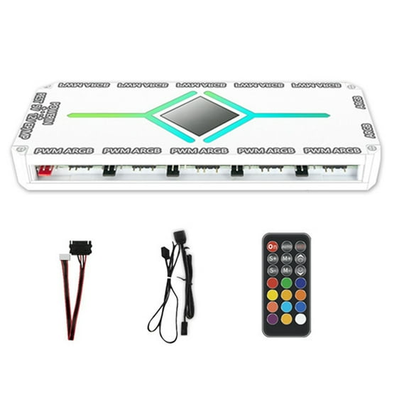 12 Port ARGB +10 Port PWM Magnetic Suction Hub with Remote Control PWM & ARGB Hub Splitter for PC Fan Hub Splitter White