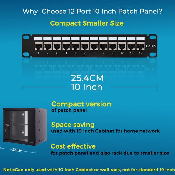12 Port Cat6A Patch Panel, 10 Inch Shielded Network Panel with Removable Back Bar, Inline Coupler Design, Supports Cat7 Cat6 Cat6A Cat5e Ethernet Cable