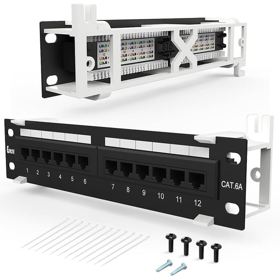 12 Port Patch Panel CAT6A Patch Panel(EC Listed) Wall Mount or Rack Mount 10inch Bracket Included and Ethernet Patch Panel Punch Down UTP for Cat6A,Cat6, Cat5e, Cat5 Cabling