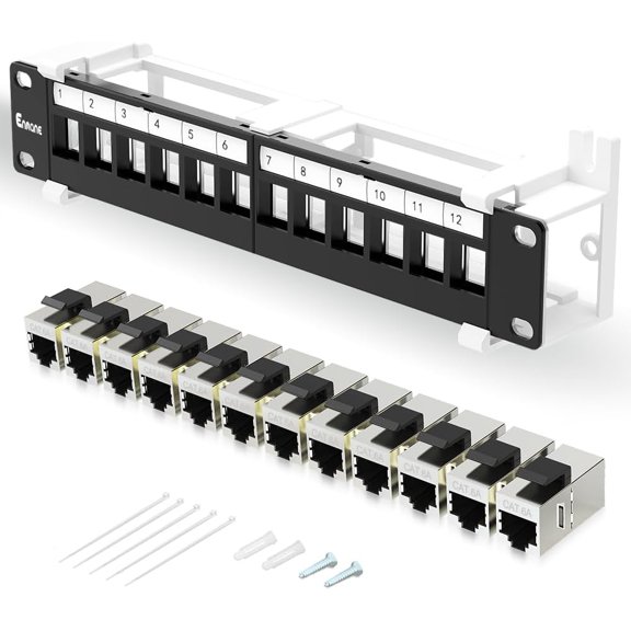 12 Port Patch Panel CAT6a Patch Panel (EC Listed) Wall Mount 10 Inch Bracket Included for Cat6, Cat5e, Cat5 Cabling (1U CAT6a)