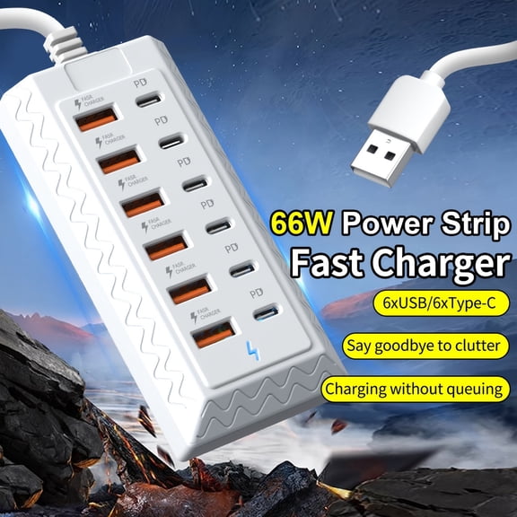 12 Port USB Charging Station with 6 USB-C PD & 6 USB-A Ports, Fast Charging Power Hub, 25W Per Port Multi Device Charger for Phones, Tablets & Laptops, Desktop Organizer