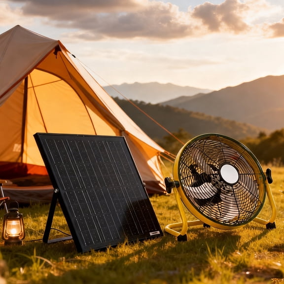12" Portable Solar Floor Fan with 30W Adjustable Solar Panel,1500mAh Rechargeable Battery,3-Speed Remote Dual Power Fan with Adapter for Home ,Backyard Camping Greenhouse Ventilation Yellow