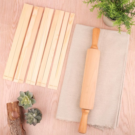 12 Pottery Tools Set, Wooden Clay Rolling Pin with 10 Rolling Guides 5 Sizes and Linen Cloth Mat, Clay Slab Roller Kit for Hand Building