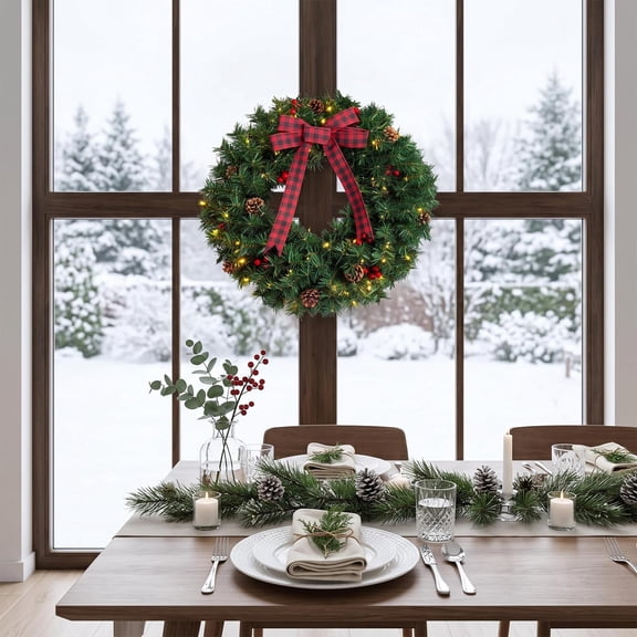 12" Pre-Lit Christmas Wreath Xmas Battery Decor with Pinecones & Bow, Artificial Spruce Wreath for Wall Window Indoor Outdoor Winter Decorations, 50 Warm White LED Lights, Holiday Decoration