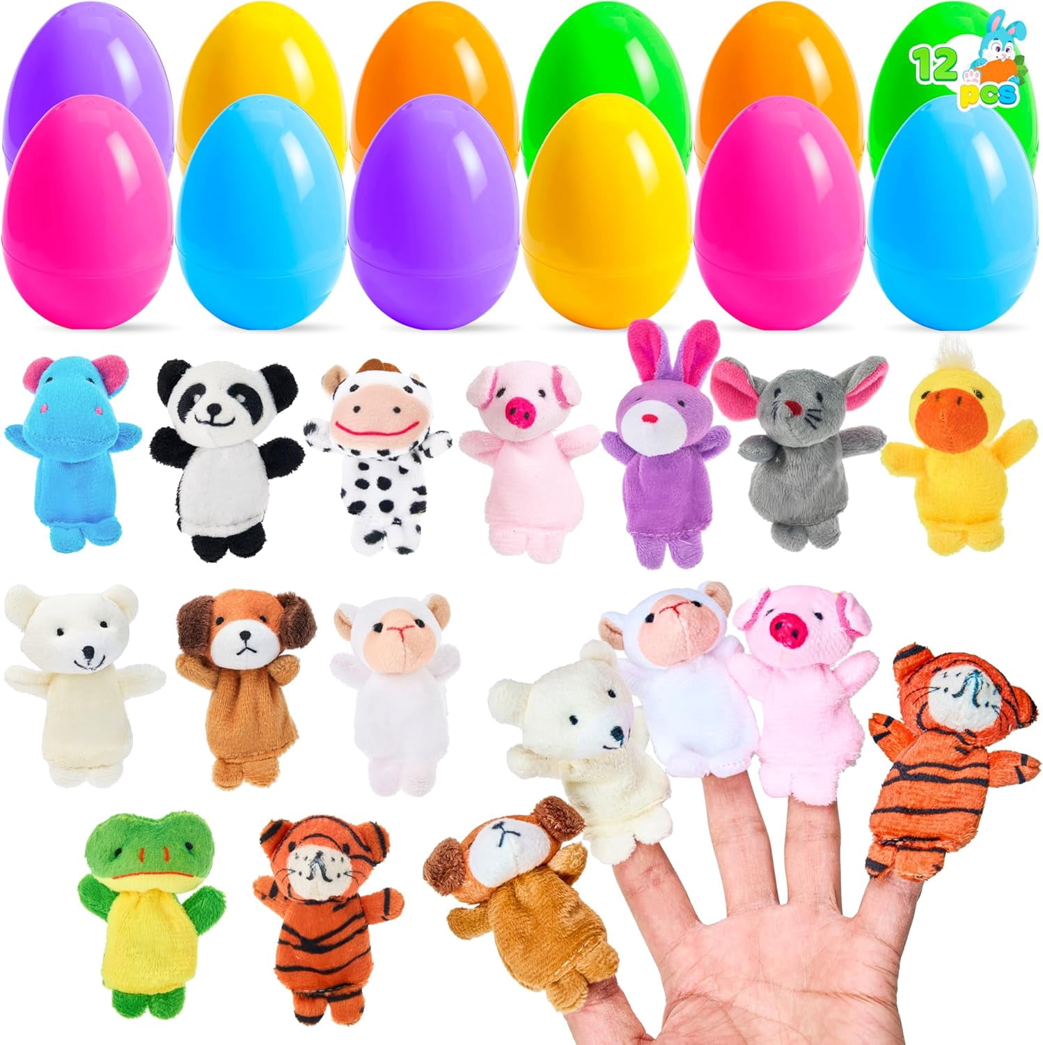 12 Prefilled Easter Eggs with Finger Puppet Toys, Plastic Easter Basket Stuffers for Toddlers and Babies, Easter Party Favors