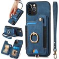thumbnail image 1 of 12 Pro Max Phone Case,Card Holder Wallet Stand for iPhone 12 Pro Max Case,Ring Holder,RFID-Blocking,Wrist Strap,Camera Protector,Leather Shockproof Protective  Flip Cover Cases (Blue), 1 of 14