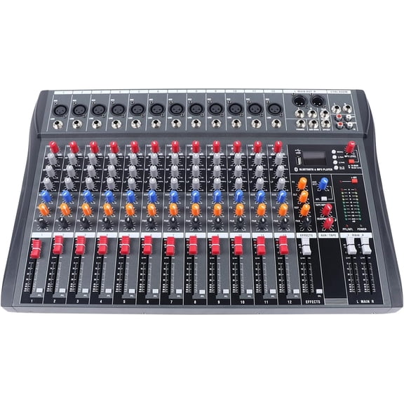 12 Professional DJ Audio Mixer Sound Board Console Interface Digital USB Input 48V Phantom Power Stereo DJ Studio Streaming for Recording, Podcasting