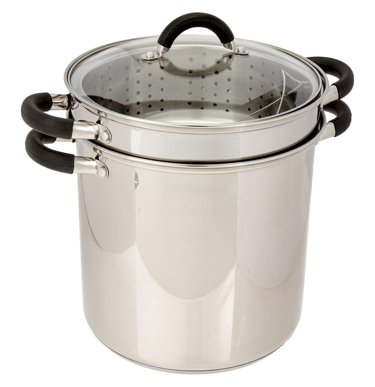 12 Qt Multifunction Stainless Steel Pasta Cooker with Encapsulated Base, Vented Glass Lid, and Riveted Silicone Covered Handles