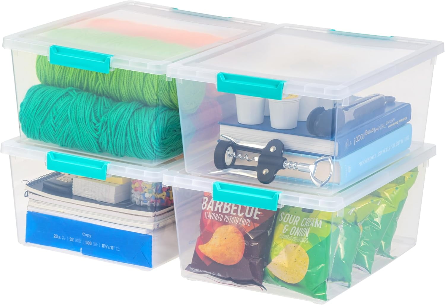 Clear Stackable Plastic Storage Bins with Blue Buckles, 12 Quart, 4 Pack