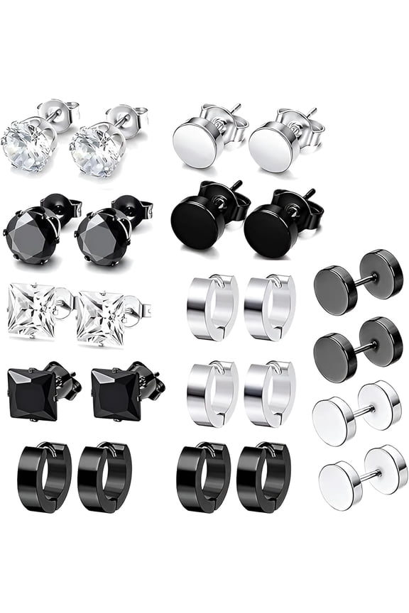 12 Quality Pairs Men's Stainless Steel Earrings Studs, Barbell, Silver Black Hypoallergenic Earrings for Men Women[v924]