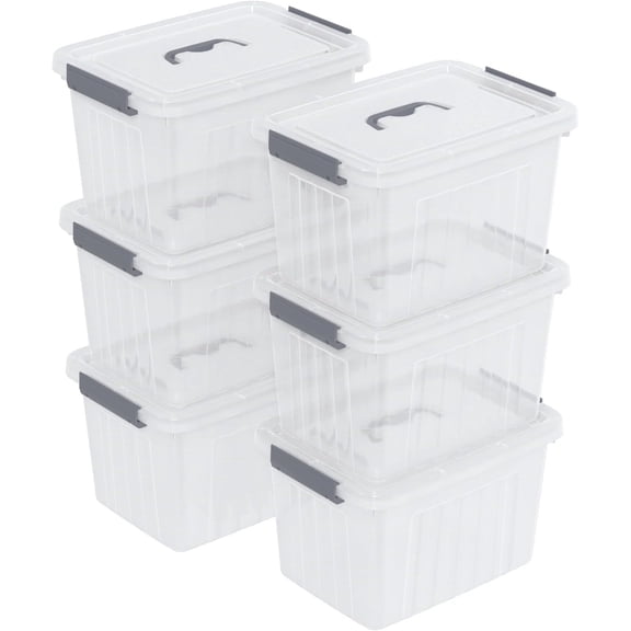12 Quart Clear Latching Storage Box with Handles, Plastic Organizing Bins with Lid, 6 Packs