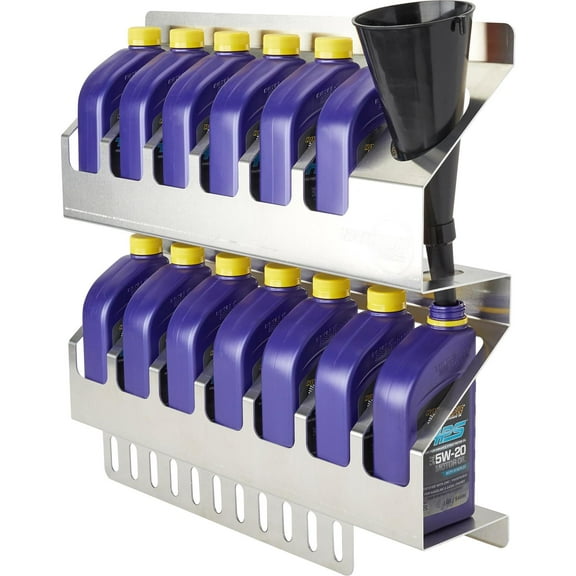Speedway Motors 12 Quart Oil Storage Shelf Aluminum Rack for Garage or Trailer Holds Quart Bottles and Funnel Lightweight Mount Anywhere Shop Organization