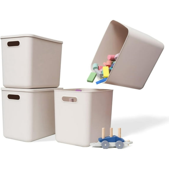 12 Quart Plastic Storage Baskets With Lid Organizing Container Lidded Knit Storage Organizer Bins for Shelves Drawers Desktop Closet Playroom Classroom Office (4L, Light grey)