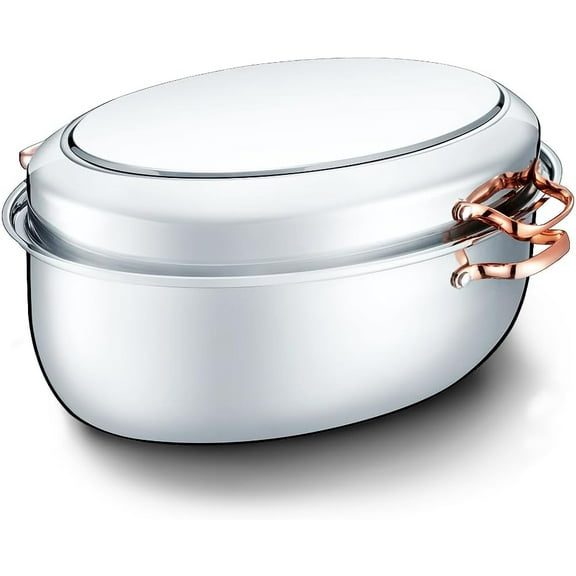 12 Quart Stainless Steel Roasting Pan with Hangable Rack. Oval Turkey Roaster with Griddle Lid Multi-use Cookware