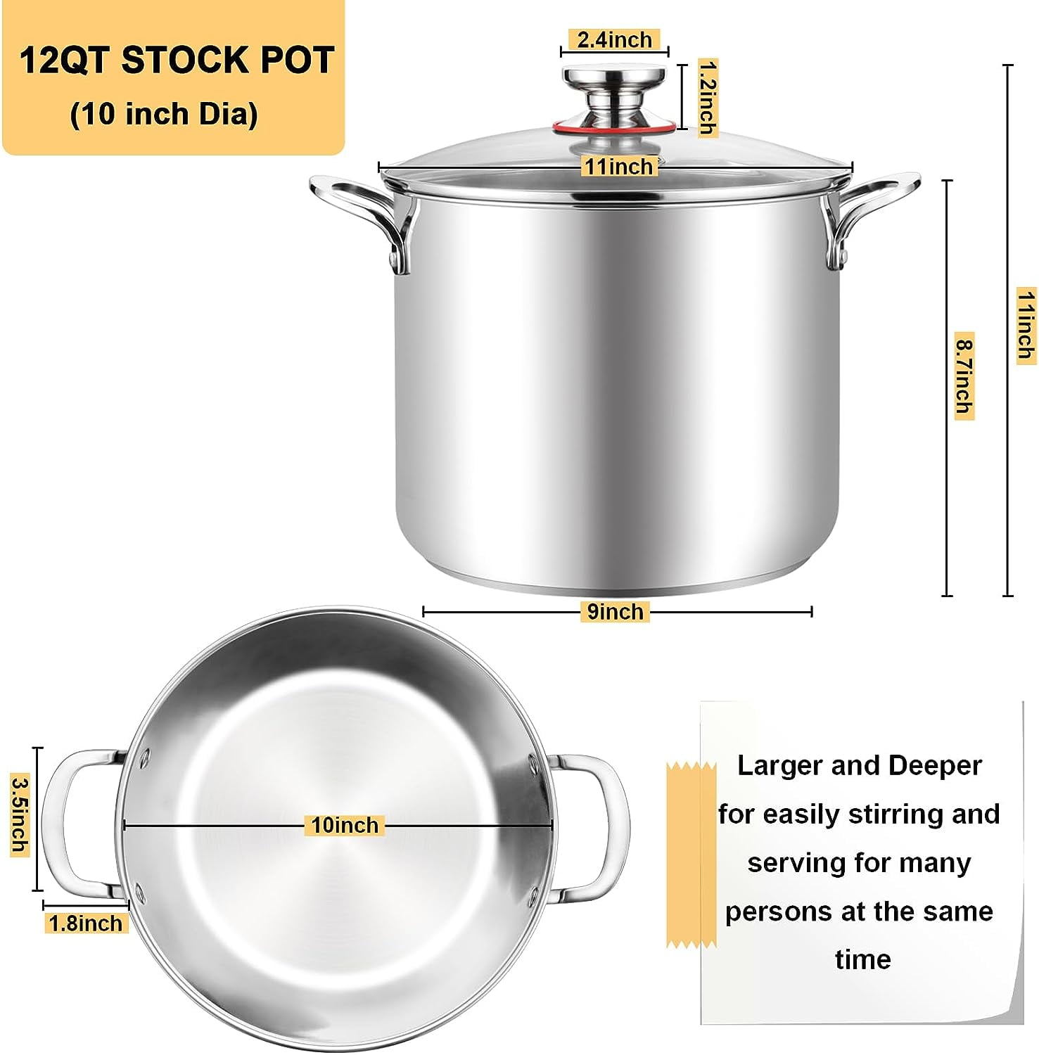 12 Quart Stock Pot 18/10 Stainless Steel Large Cooking Soup Pot with ...