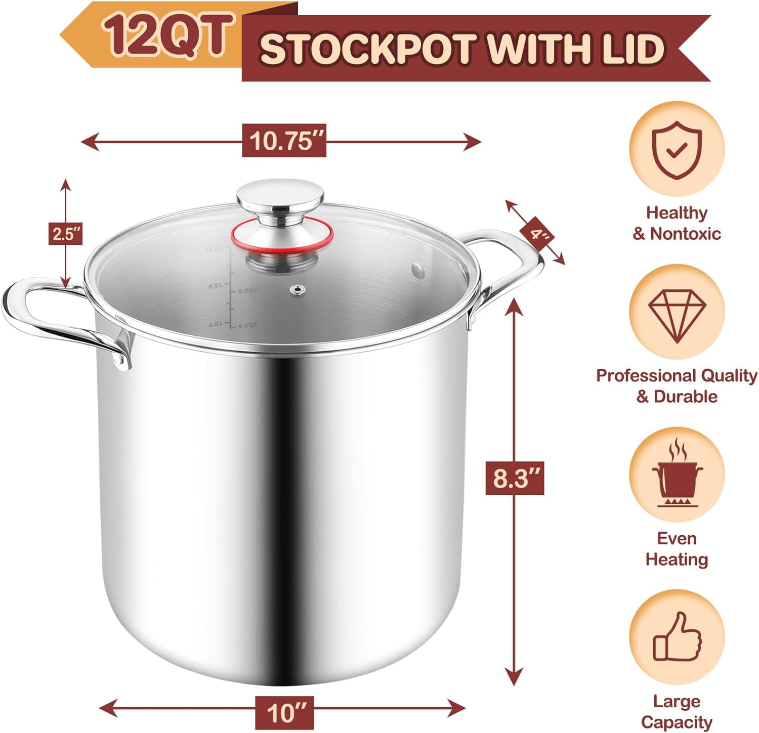 12 Quart Stock Pot Stainless Steel Tri-ply Large Pasta Soup Cooking Pot ...