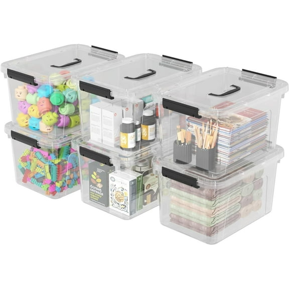 12 Quarts Clear Tote Boxes, Plastic Storage Bins with Lids and Handles Set of 6