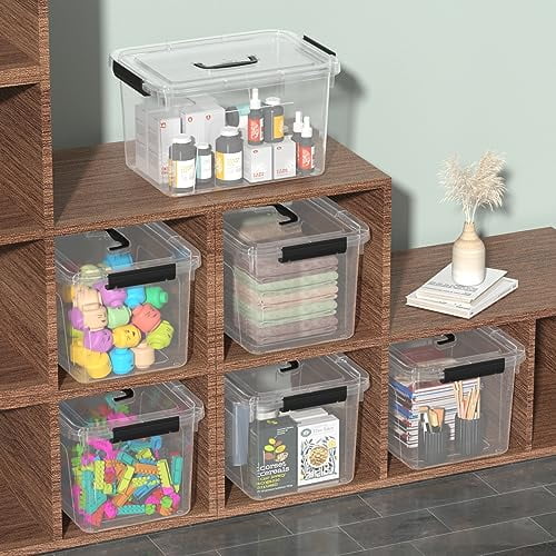 12 Quarts Clear Tote Boxes, Plastic Storage Bins with Lids and Handles Set of 6