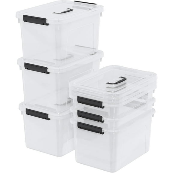 12 Quarts Latching Bins with Handle, Clear Plastic Storage Tote Box with Lid, 6 Packs