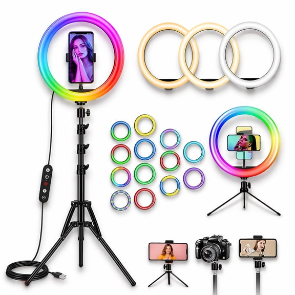 12 RGB LED Ring Light with Tripod Stand & Phone Holder, 3 Color Modes & Adjustable Brightness, Selfie Ring Light for TikTok, YouTube, Live Streaming, Makeup & Video Calls, USB Powered