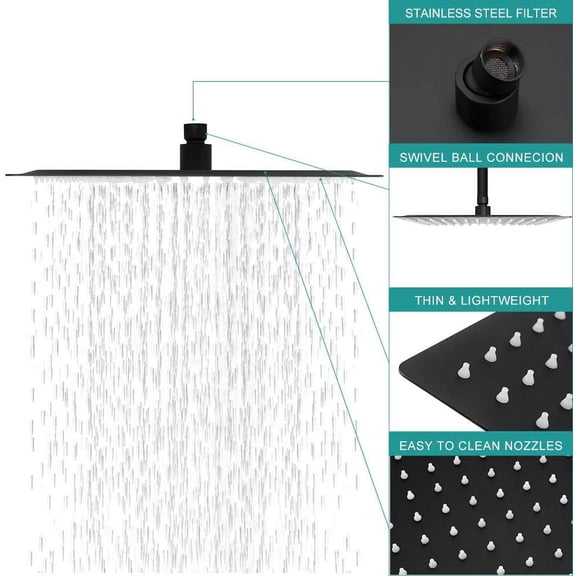 12"Rain Fixed Shower Head Stainless Steel 360° Rotataion with Brass Shower Arm Black