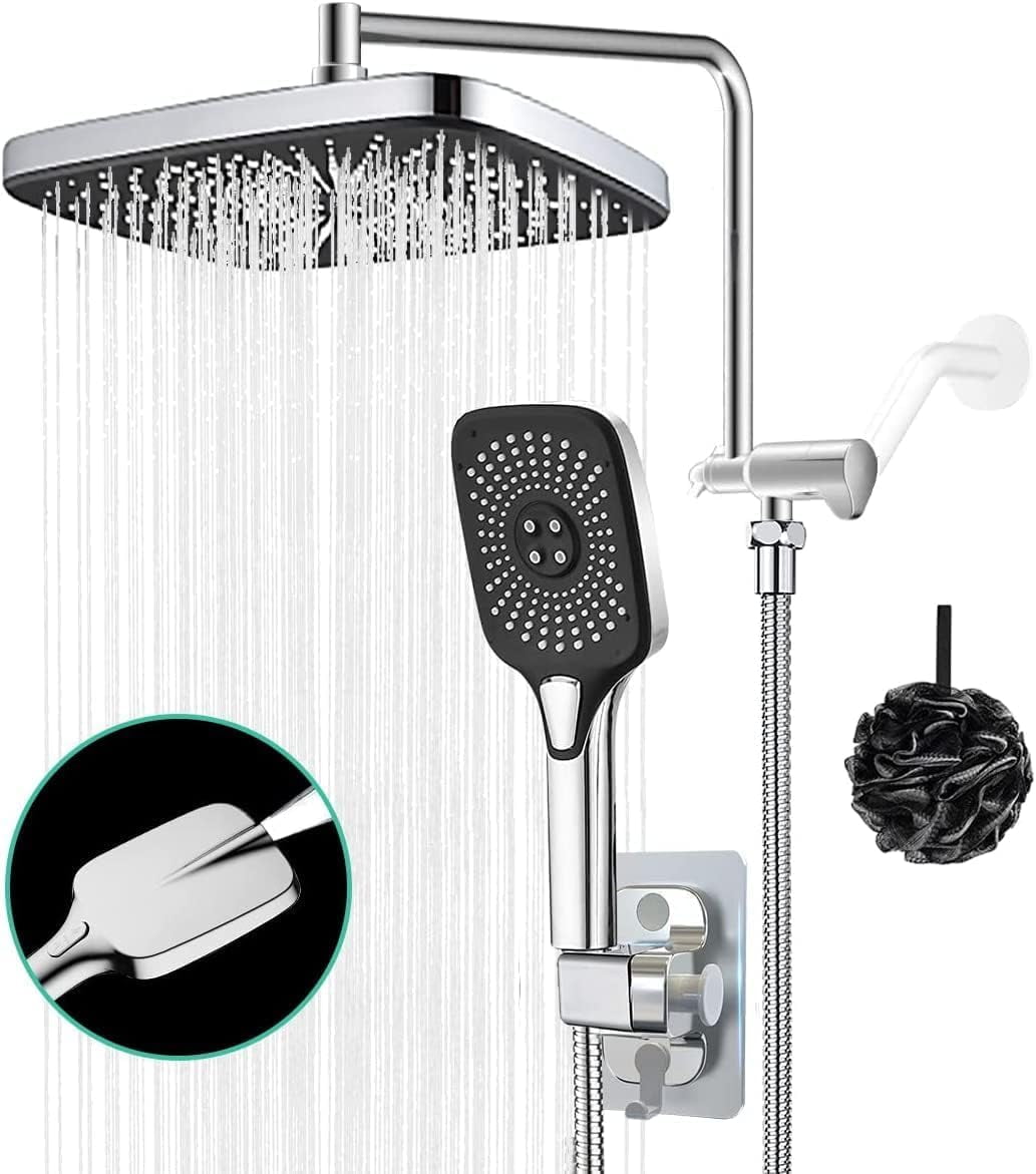 12" Rain Shower Head with Handheld Spray 4 Settings High Pressure Shower Head Rainfall
