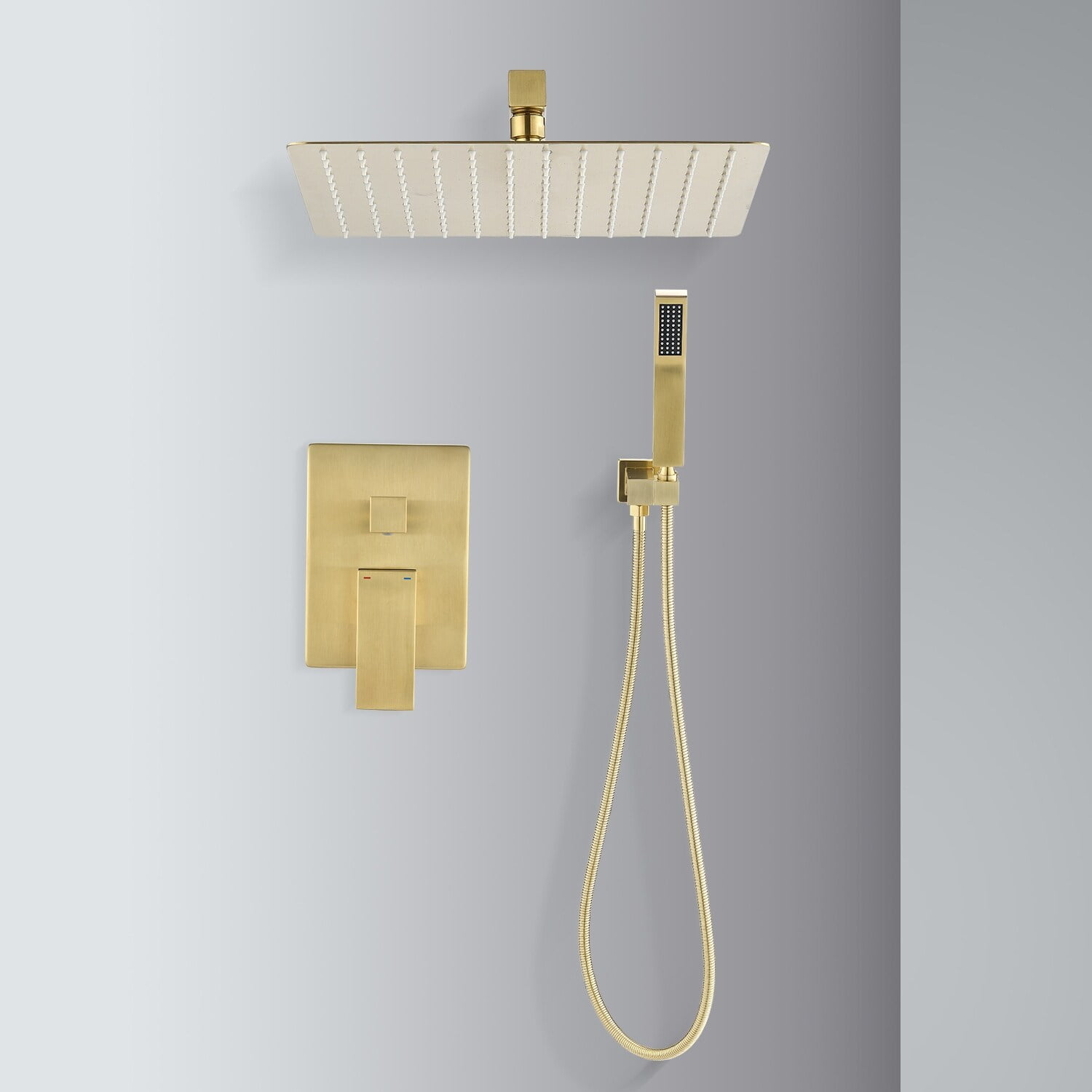 SR SUN RISE 12-Inch Brushed Gold Shower Set – Rain Head, Tub Spout, Valve, Modern Wall Mount