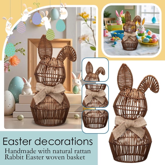 12" Rattan Easter Rabbit Basket Bowl Rustic Linen Bow - Woven Wood Vine Bunny Holder for Candy Eggs - Boho Farmhouse Spring Table Centerpiece - Vintage Neutral Scandi Wicker Decor Party Gift Art