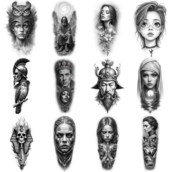 12 Realistic Temporary Tattoos, Waterproof Long Lasting Body Stickers Jesus Zeus Pharaoh Adult Men Women Tattoo Stickers Arm Leg Thigh