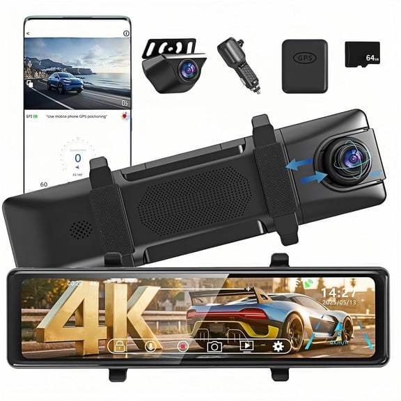 12" Rear View Mirror Camera 4K + Mirror Cam Front and Rear with STARVIS Night Vision Rearview Mirror Backup Camera, WDR, G-Sensor, Loop Recording, GPS, App, 64GB Card
