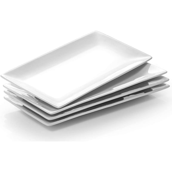 12" Rectangle Plates Set of 4 - White Serving Platters for Party, Wedding, and Entertaining - Rectangular Serving Trays Dishes for Steak, Taco, Sushi, Appetizer, Cake - Dishwasher & Oven Safe