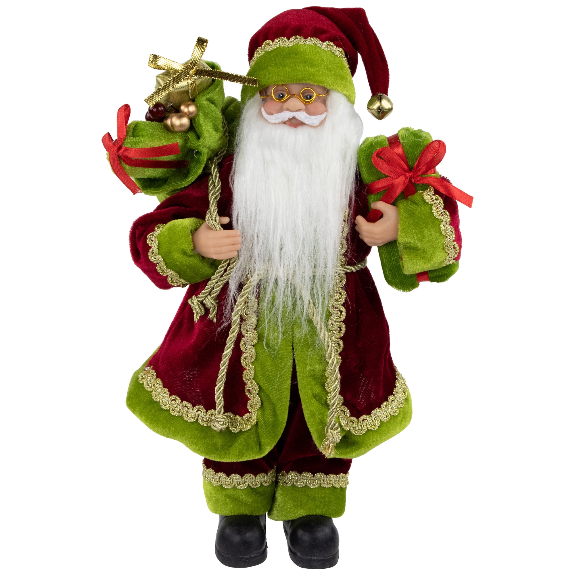 12" Red Green and Gold Standing Santa Claus Christmas Figure with Gift Bag