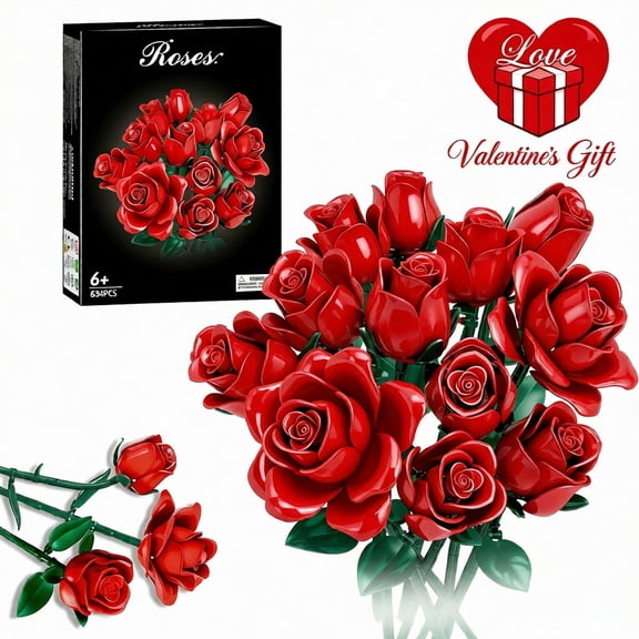 12 Red Rose Building Block Set | Compatible with Lego | 626 Pcs Home Decor for Girls Kids Women Valentine's Day Mothers Day Christmas Birthday Gift