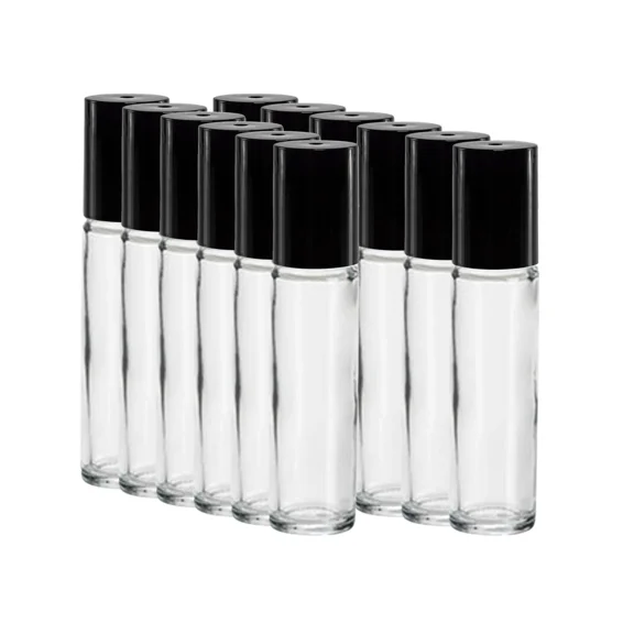 12 Refillable 10ML Roll On Kit, Glass Containter with Plastic Roller Ball Black