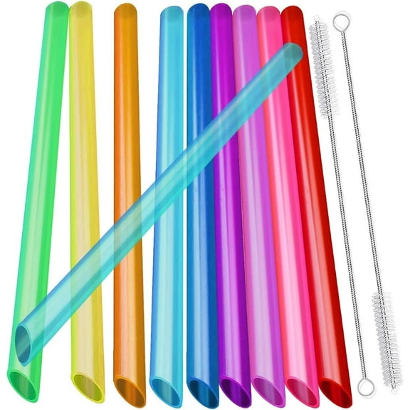 12 Reusable Boba Smoothie Straws with 2 Brushes, 12 mm, Multi-Coloured BPA-Free Plastic Straws for Bubble Tea (Topioka, Beads), Milk Shakes, Juices with Pointed Tips