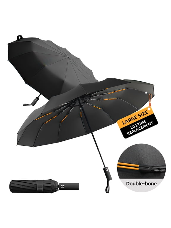 12-Rib Heavy-Duty Automatic Outdoor Umbrella, Reinforced Black Glue Construction, Wind & UV Resistant, Triple-Fold Compact Travel Design for Men & Women