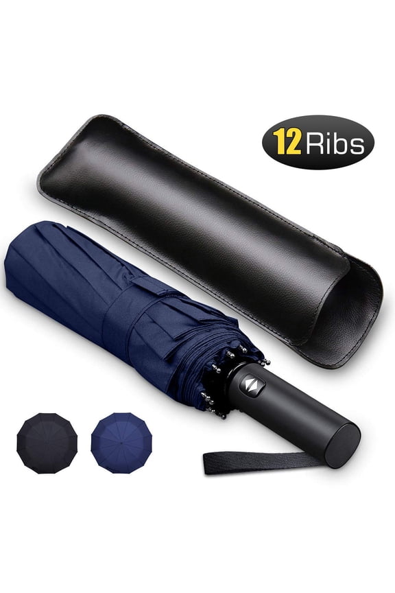 12 Ribs Windproof Travel Umbrella with Teflon Canopy Lengthened Handle with Auto Open Close Button Compact Protection from Rain, Free Upscale Leather Cover