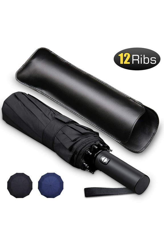 12 Ribs Windproof Travel Umbrella with Teflon Canopy Lengthened Handle with Auto Open Close Button Compact Protection from Rain, Free Upscale Leather Cover