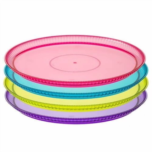 EcoQuality 12 Inch Assorted Color Plastic Serving Tray, Round Ridged Party Platter, Heavy Duty Disposable Tray, (2)
