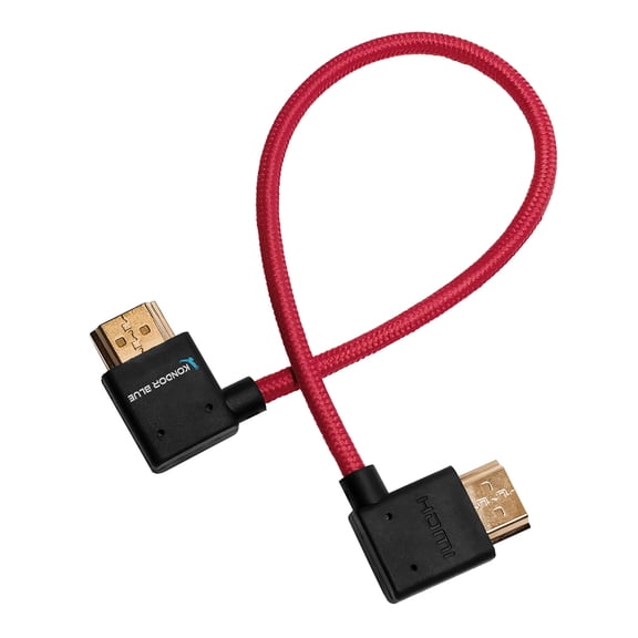 Kondor Blue 12" Right Angle to Left Angle Straight HDMI Cable, Cardinal Red