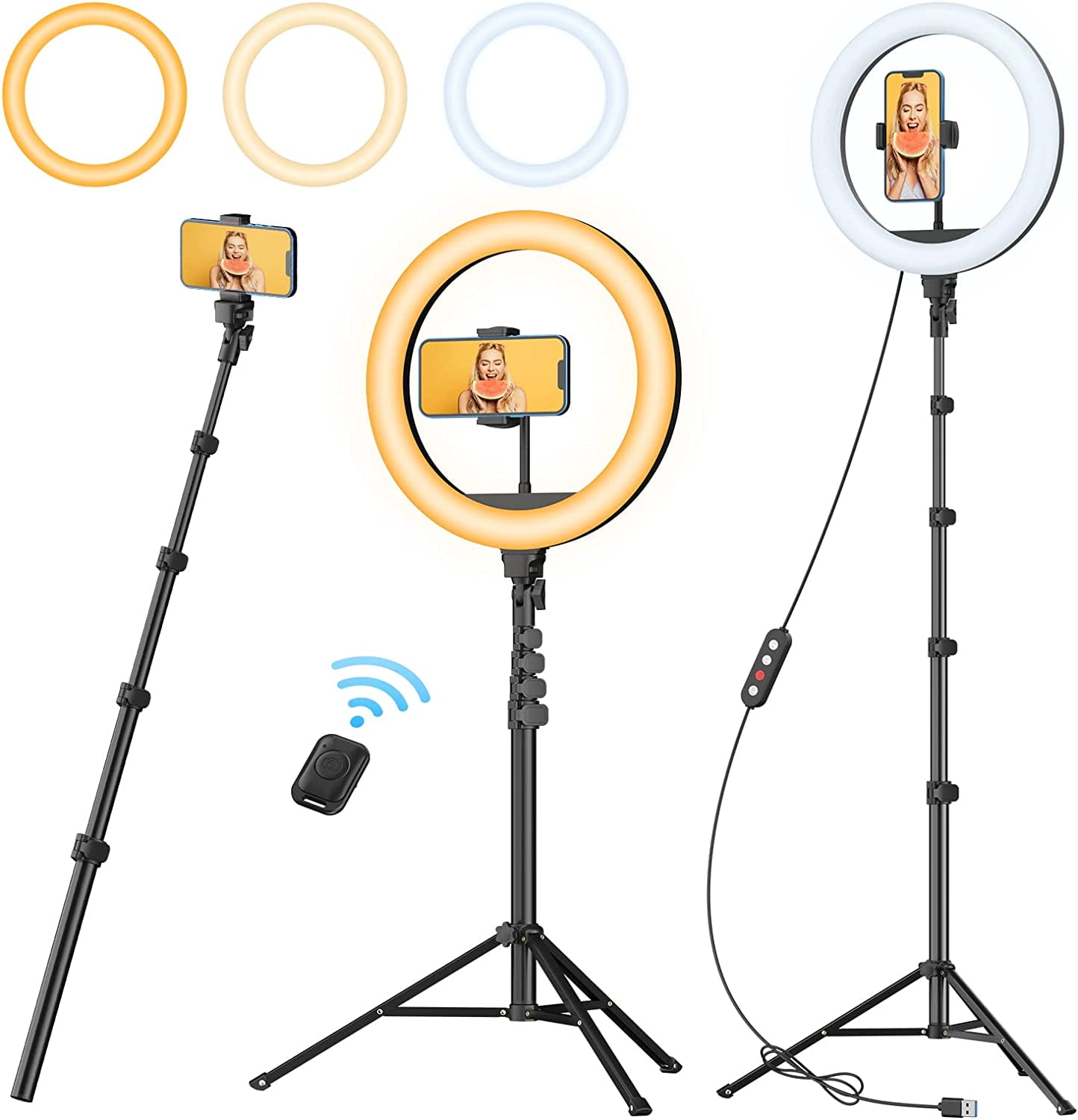 12" Ring Light with 63" extendable Tripod Stand, Selfie RingLight with Phone Holder and Selfie Remote, 2-in-1 Dimmable LED Ring Light for Makeup, Live Stream, Photography