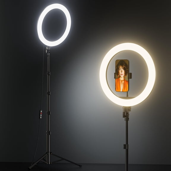 12" Ring Light with 63" extendable Tripod Stand, Selfie RingLight with Phone Holder and Selfie Remote, 2-in-1 Dimmable LED Ring Light for Makeup, Live Stream, Photography