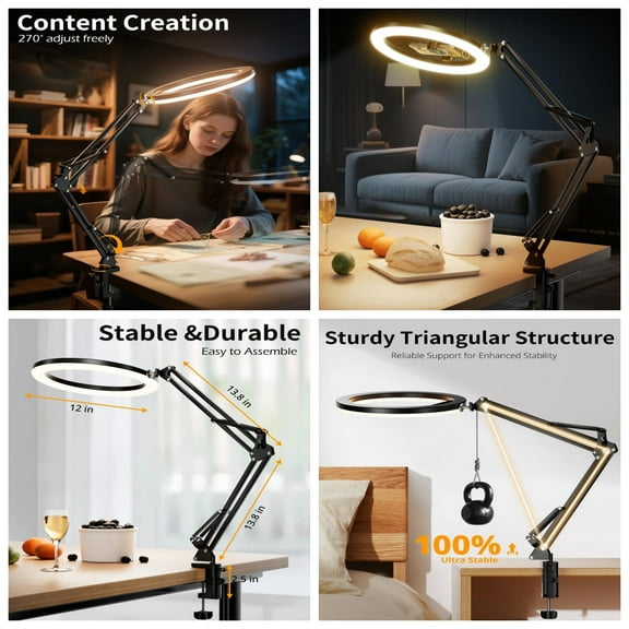 12 Ring Light with Overhead Phone Mount, LED Selfie Light with Stand and Phone Holder for iPhone and Laptop, Desk Light for Video Recording, Zoom Meeting, Live Streaming.