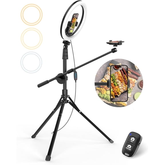 12" Ring Light with Overhead Phone Mount, Selfie Stand,62" Tripod for iPhone and Holder Video Recording,Cooking,Photography,Live Streaming,Tiktok,YouTube