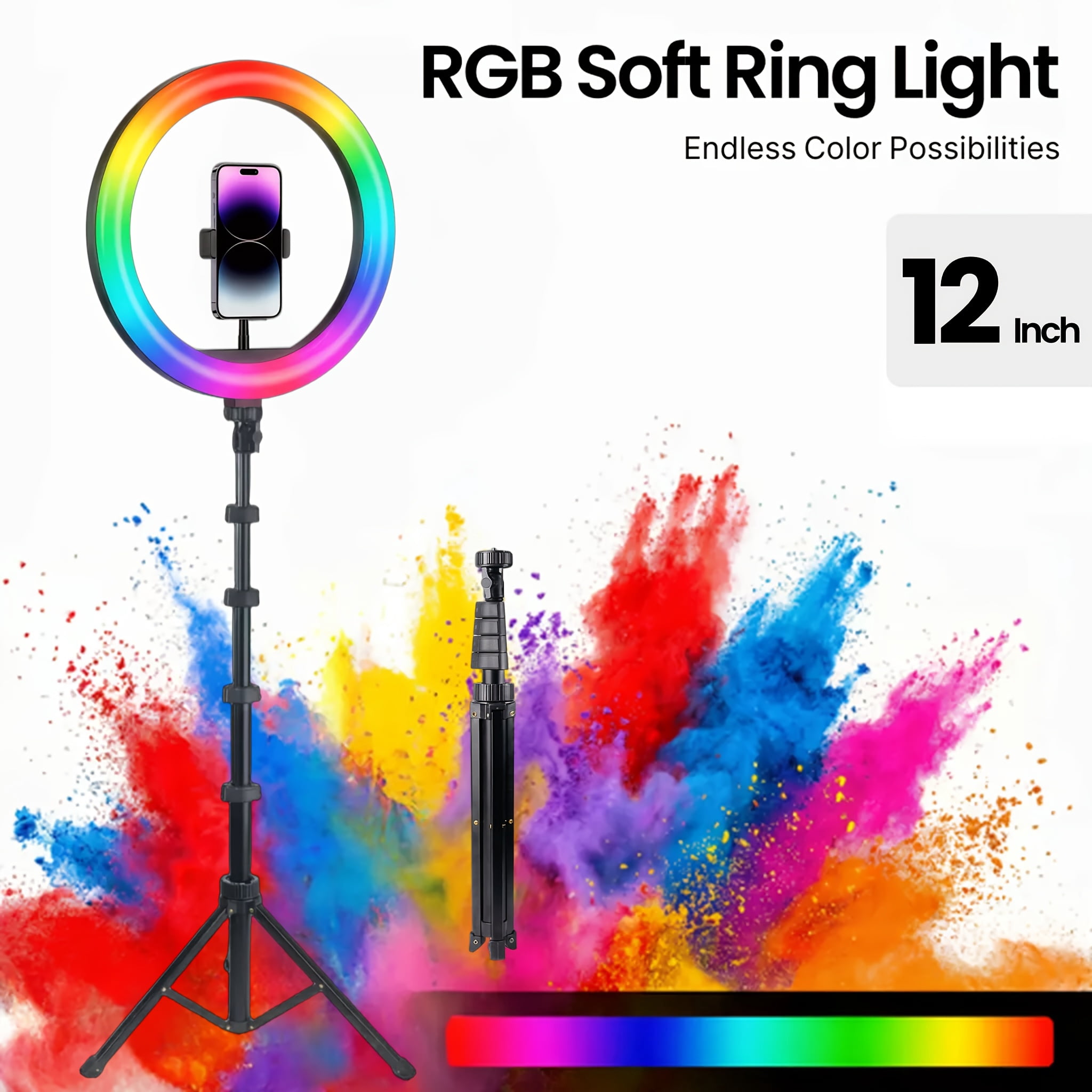 12" Ring Light with Stand, 63.3" Tall, Phone Holder, 3 CCT & RGB Modes, Adjustable LED Tripod for Makeup, Streaming, Photography, TikTok