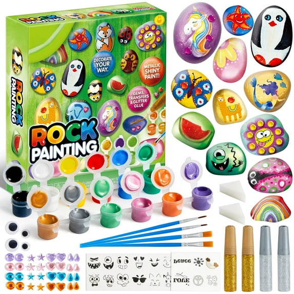 12 Rock Painting Kit, 36 Pcs Arts and Crafts for Kids Ages 5-7, DIY Supplies, Craft Paint Kits for Boys and Girls Ages 8-11